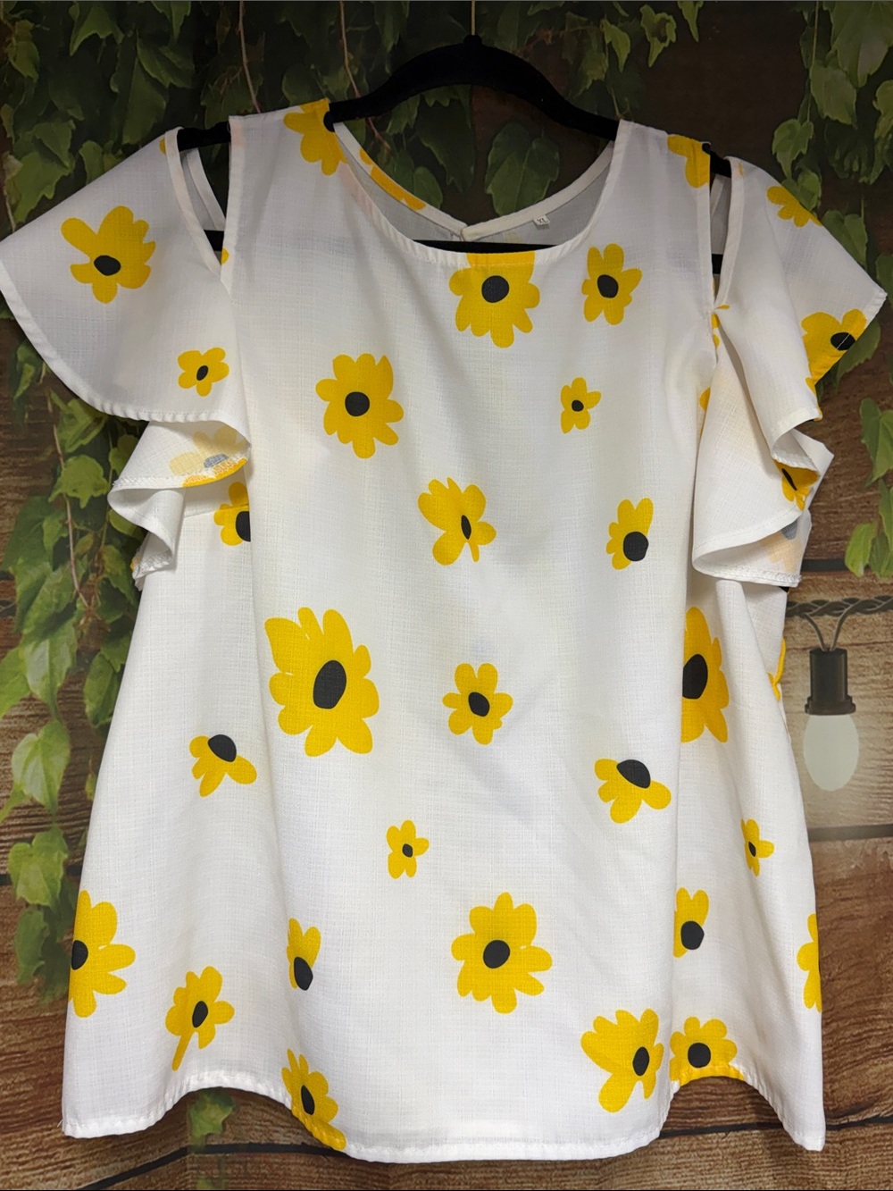 EUC SHEIN White Cold-Shoulder Blouse with Yellow Floral Print